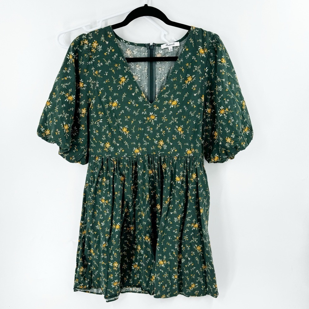 ✅ MADEWELL SIZE 10 Poplin V-Neck Bubble-Sleeve Mini Dress NE727 GREEN FLORAL